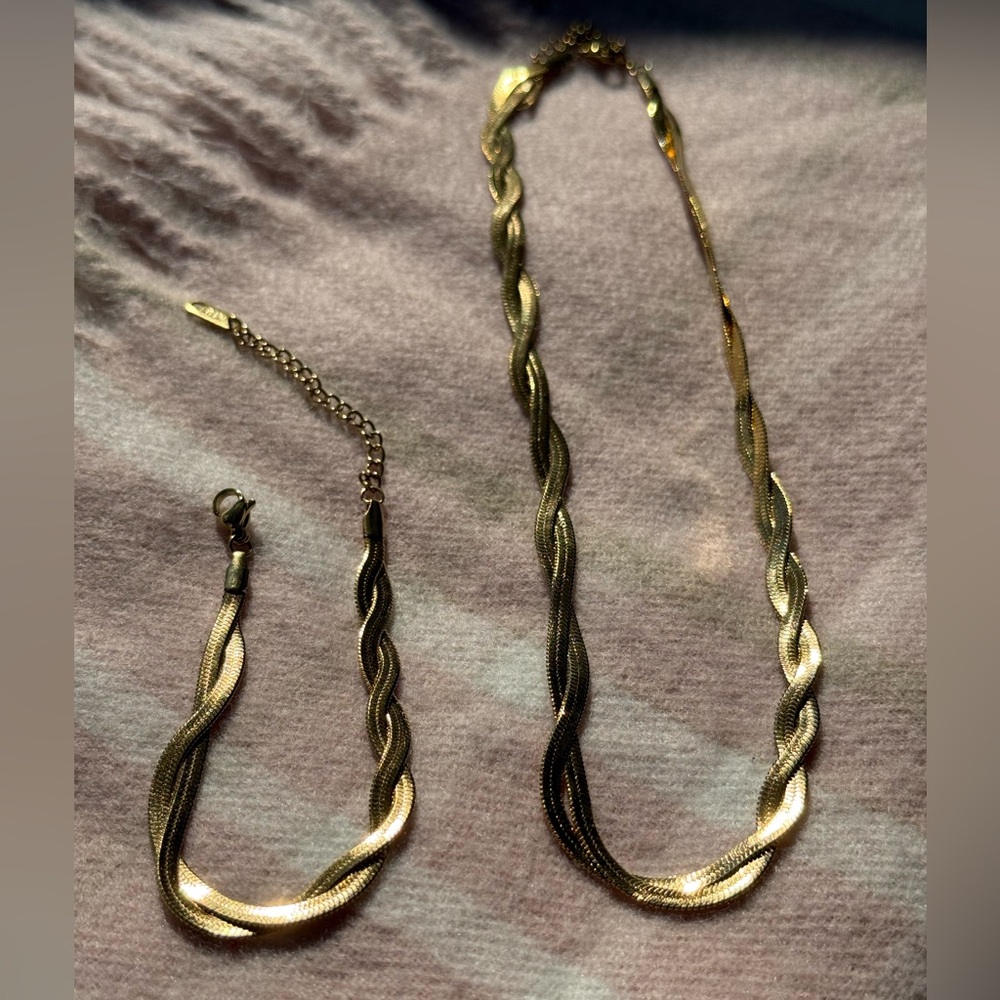 Braided New Herringbone Necklace Bracelet
 Gold 18K plated Set Stainless Steel - Picture 11 of 15